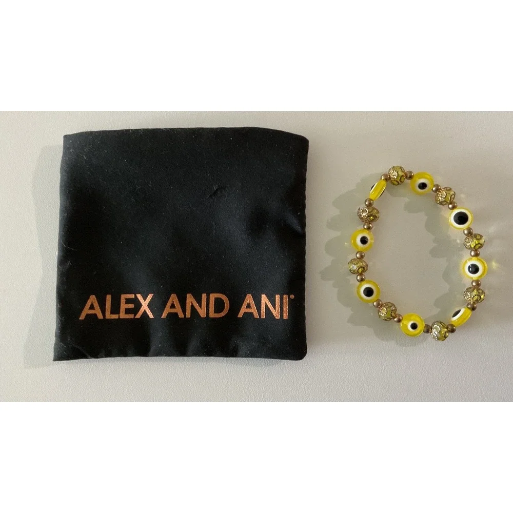 Alex and Ani Yellow Evil Eye Beaded Stretch Bracelet Gold Tone Filigree NWOT